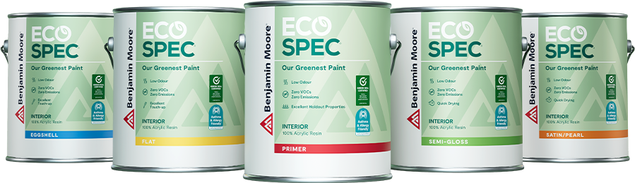 Five 3.79 L cans of Eco Spec® Interior paint in eggshell, flat, satin/pearl, primer, and semi-gloss.