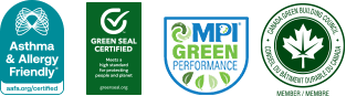 Seals indicating Benjamin Moore's Green Promise®, and certifications for Asthma & Allergy Friendly®, Green Seal®, MPI’s Green Performance™ Standards, and LEED® Indoor Air Quality.